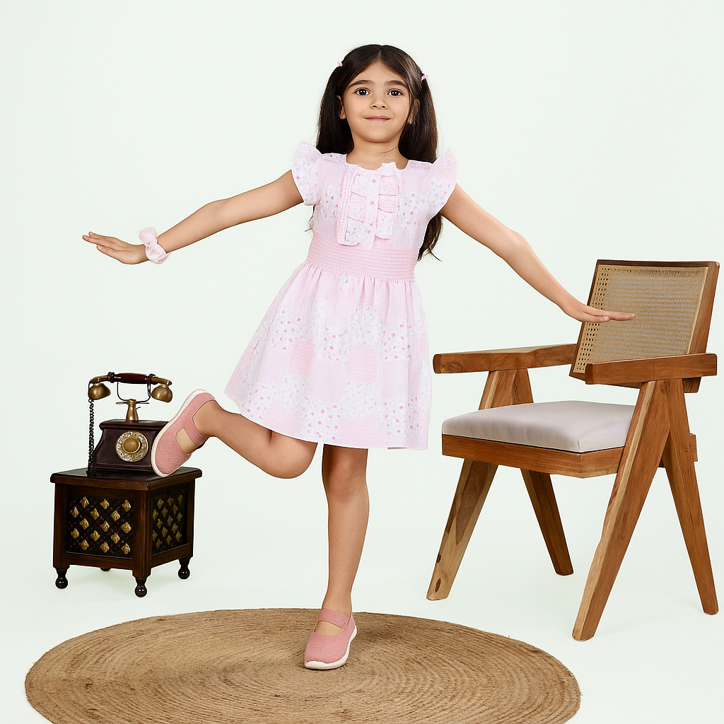 TINY TWILLS Floral Checks Printed Frock With Leaf Printed Belt & Frill