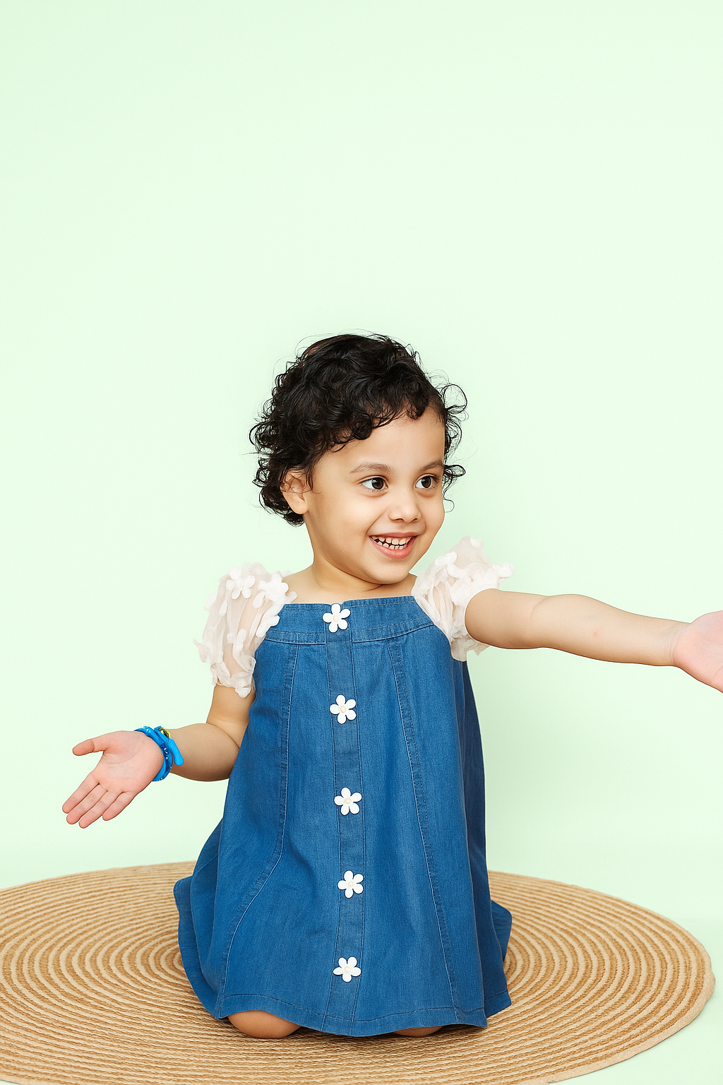 TINY TWILLS Blue Denim Frock with Floral Appliques and Sheer Sleeves