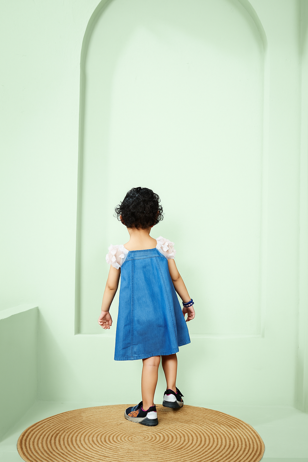 TINY TWILLS Blue Denim Frock with Floral Appliques and Sheer Sleeves
