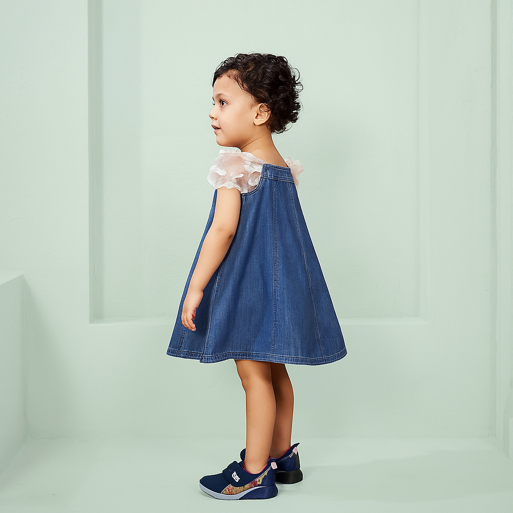 TINY TWILLS Blue Denim Frock with Floral Appliques and Sheer Sleeves