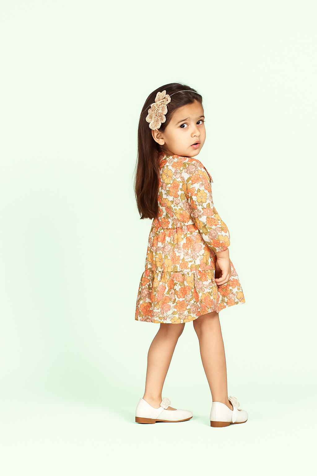 TINY TWILLS Orange Floral Print Full-Sleeve Frock for Girls