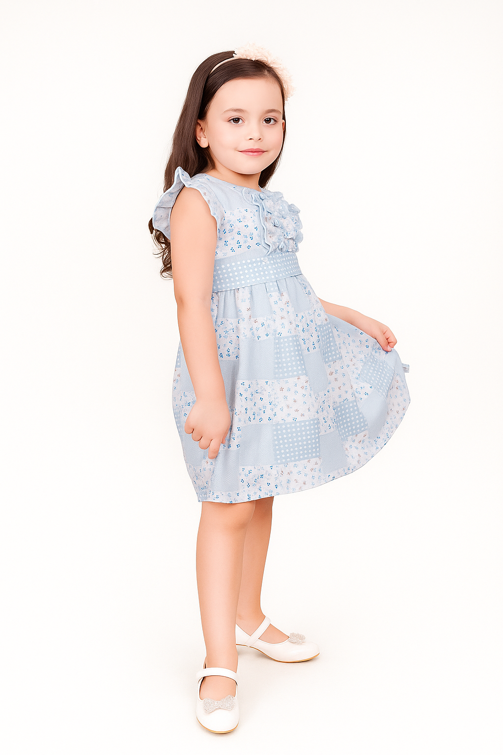 TINY TWILLS Floral Checks Printed Frock With Leaf Printed Belt & Frill