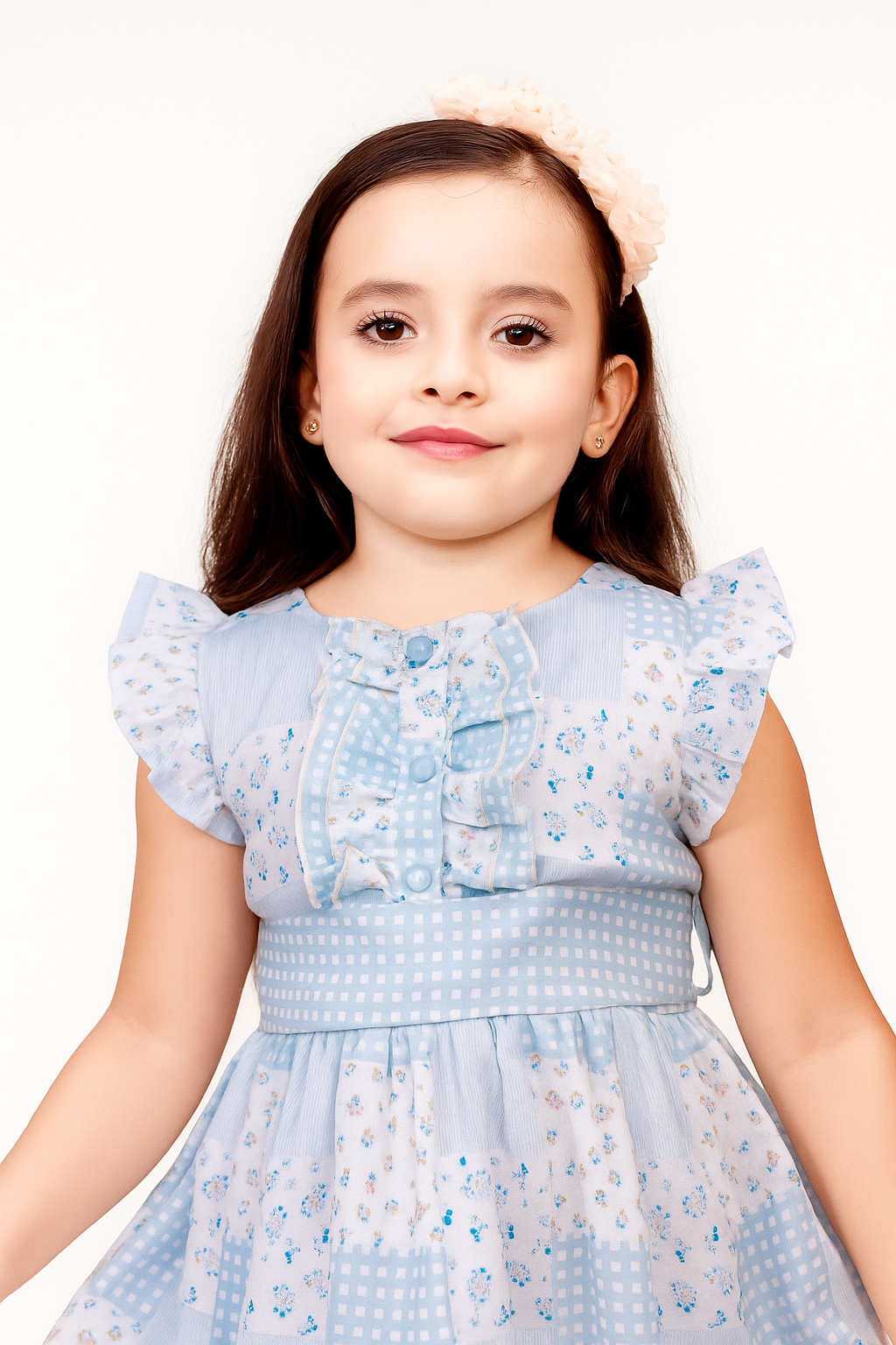 TINY TWILLS Floral Checks Printed Frock With Leaf Printed Belt & Frill