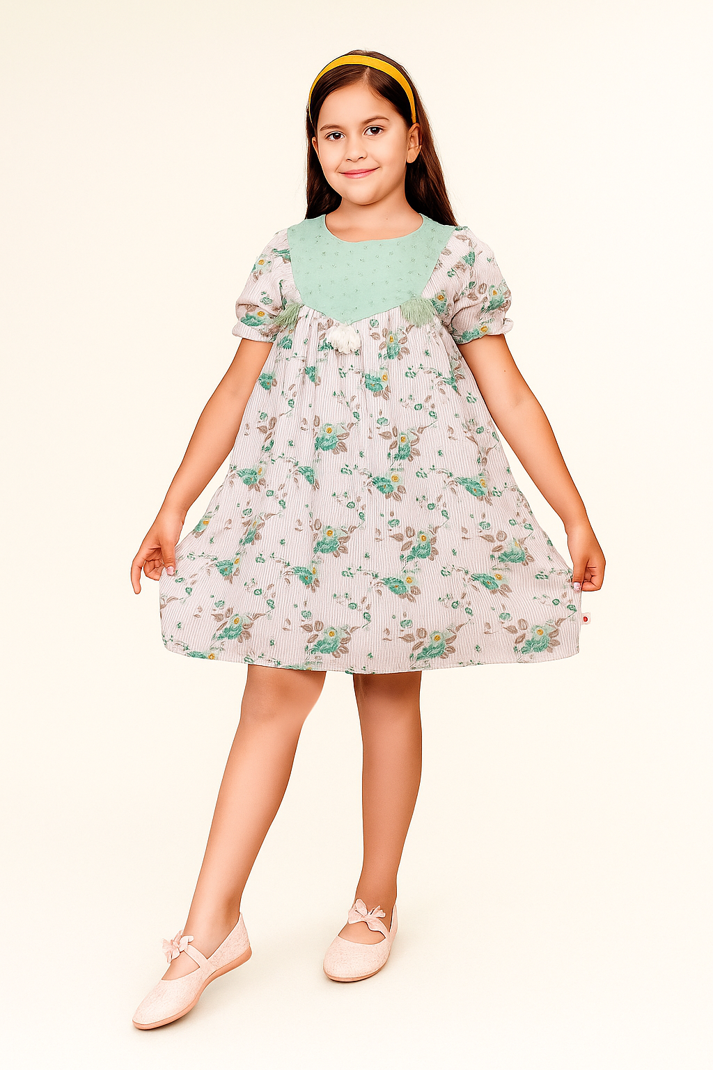 TINY TWILLS Floral Printed A Line Frock With Schiffli Yoke