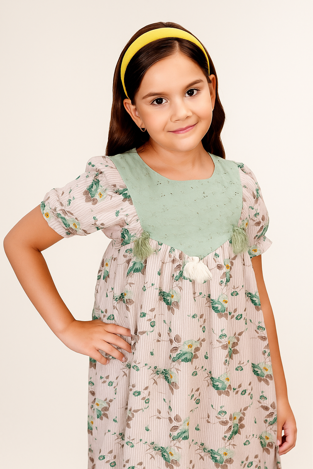 TINY TWILLS Floral Printed A Line Frock With Schiffli Yoke