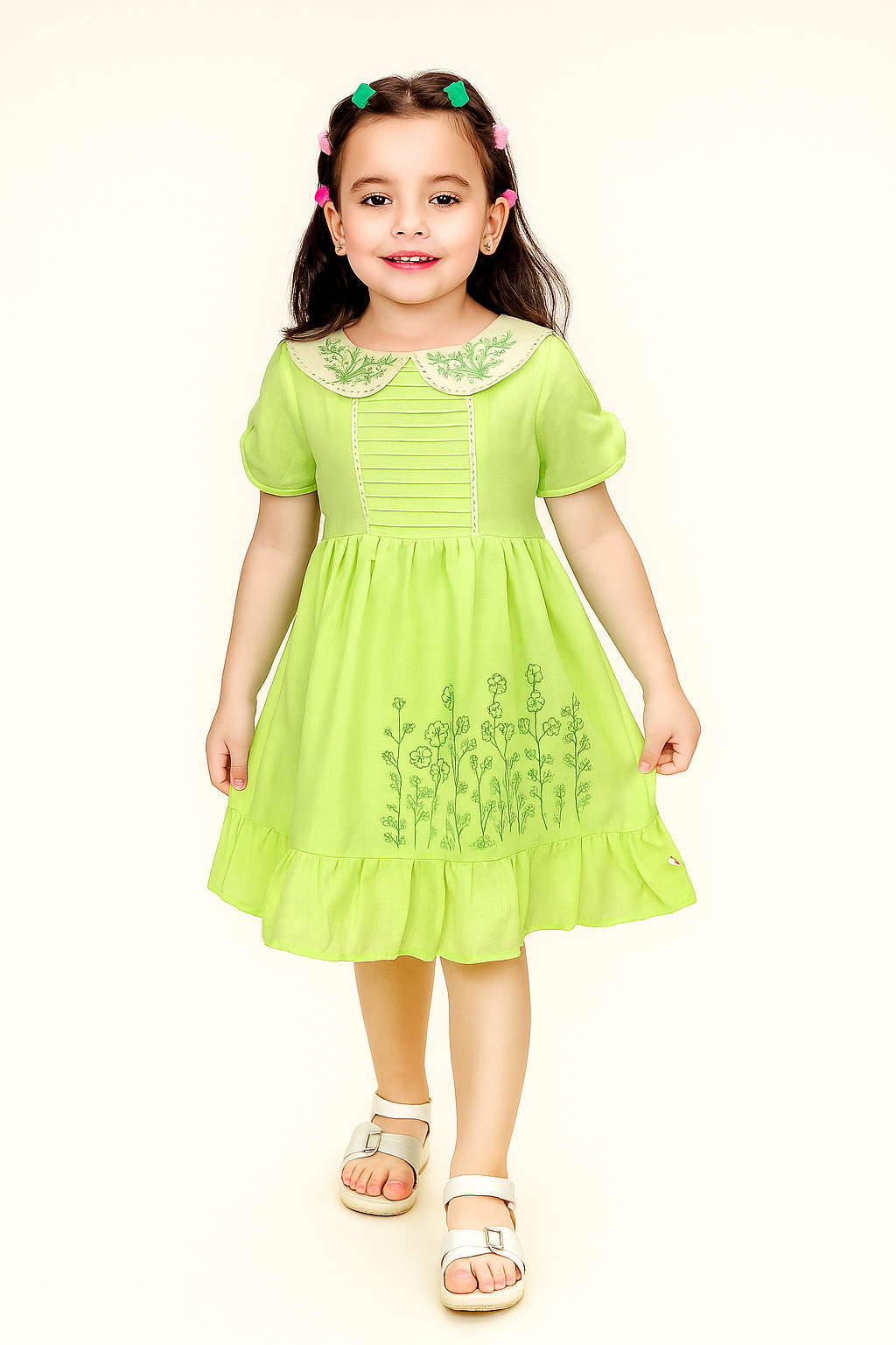 TINY TWILLS Side Floral Embroidered Frock With Pintucks On Yoke & Embroidered Collar