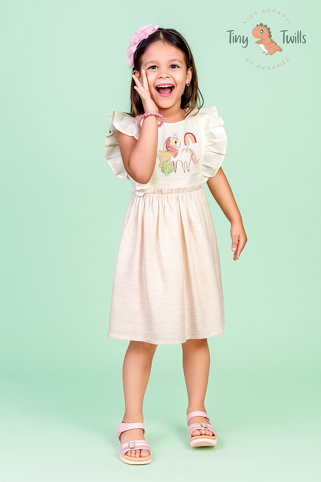 TINY TWILLS Unicorn Embroidered Dress With Tassels On Waist