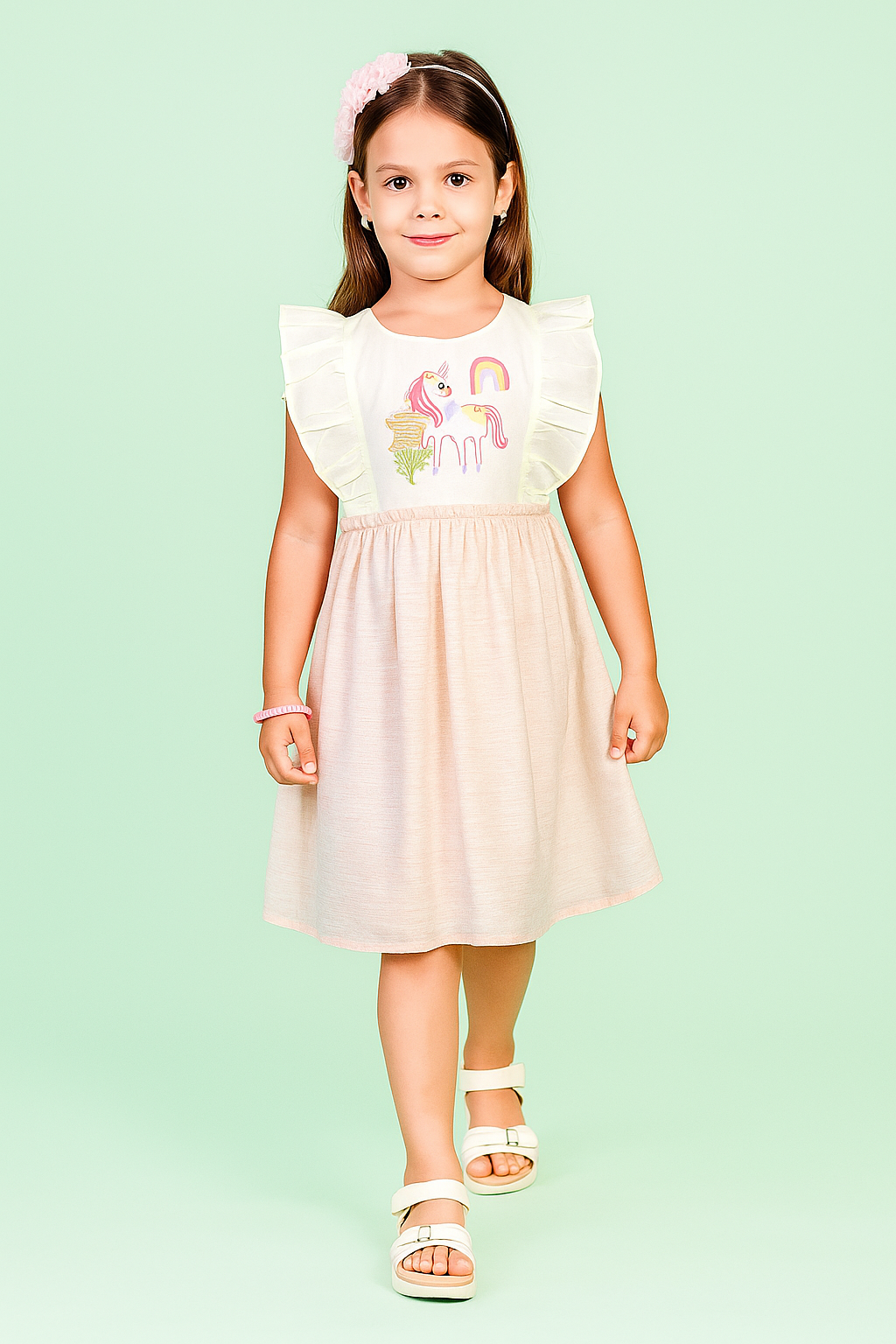 TINY TWILLS Unicorn Embroidered Dress With Tassels On Waist