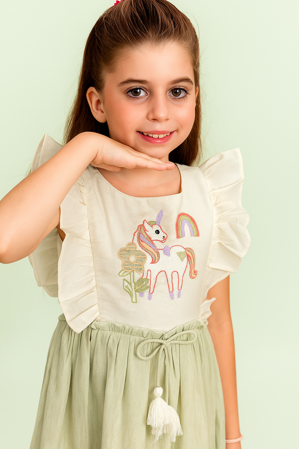 TINY TWILLS Unicorn Embroidered Dress With Tassels On Waist