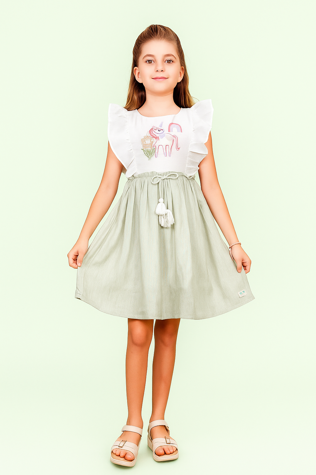 TINY TWILLS Unicorn Embroidered Dress With Tassels On Waist