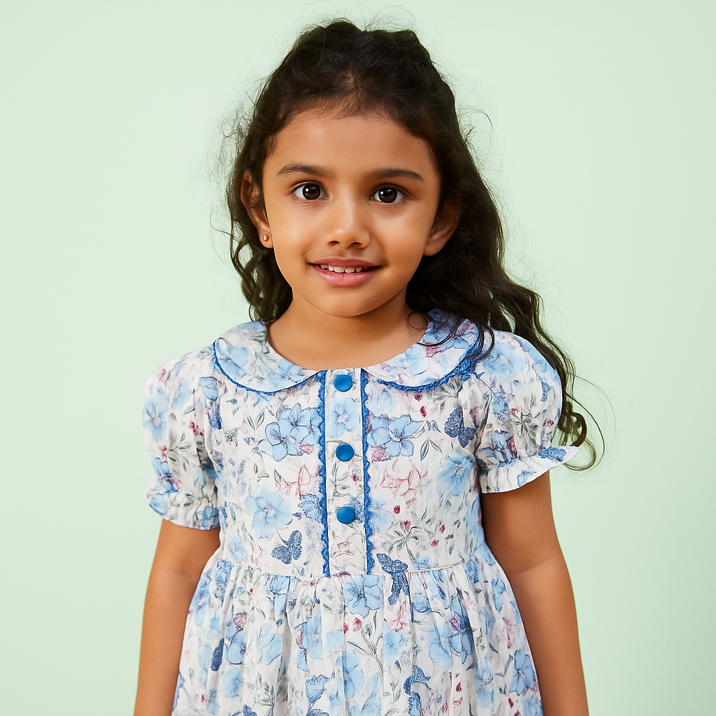 TINY TWILLS MUSLIN AARI BUTTERFLY PRINTED FRONT BUTTONED FROCK