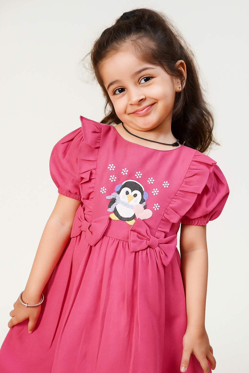 TINY TWILLS PENGUIN EMBROIDERED FROCK WITH FRILLS