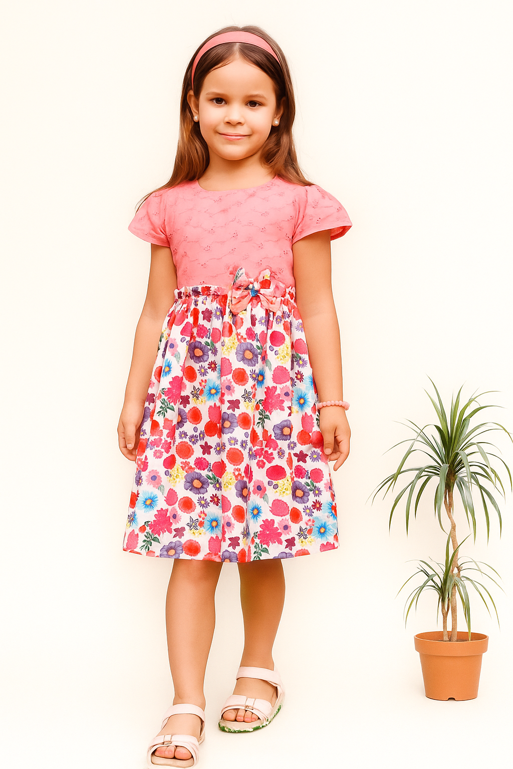 TINY TWILLS Girls Cotton Frock – Pink Eyelet Bodice with Colorful Floral Printed Skirt & Waist Bow | Bright Summer Casual Wear for Kids