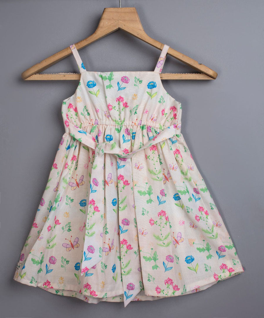 CREAM BUTTERFLY PRINT HALTER NECK FROCK