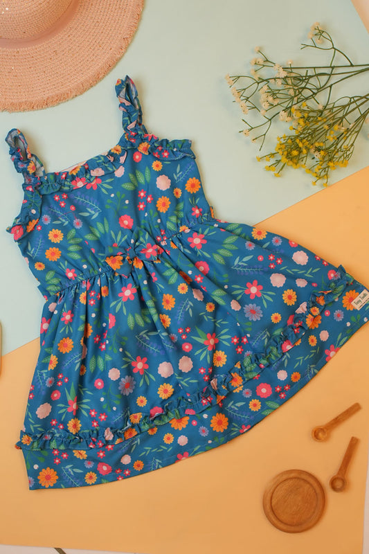 BLUE FLOWER PRINT GATHERED FROCK