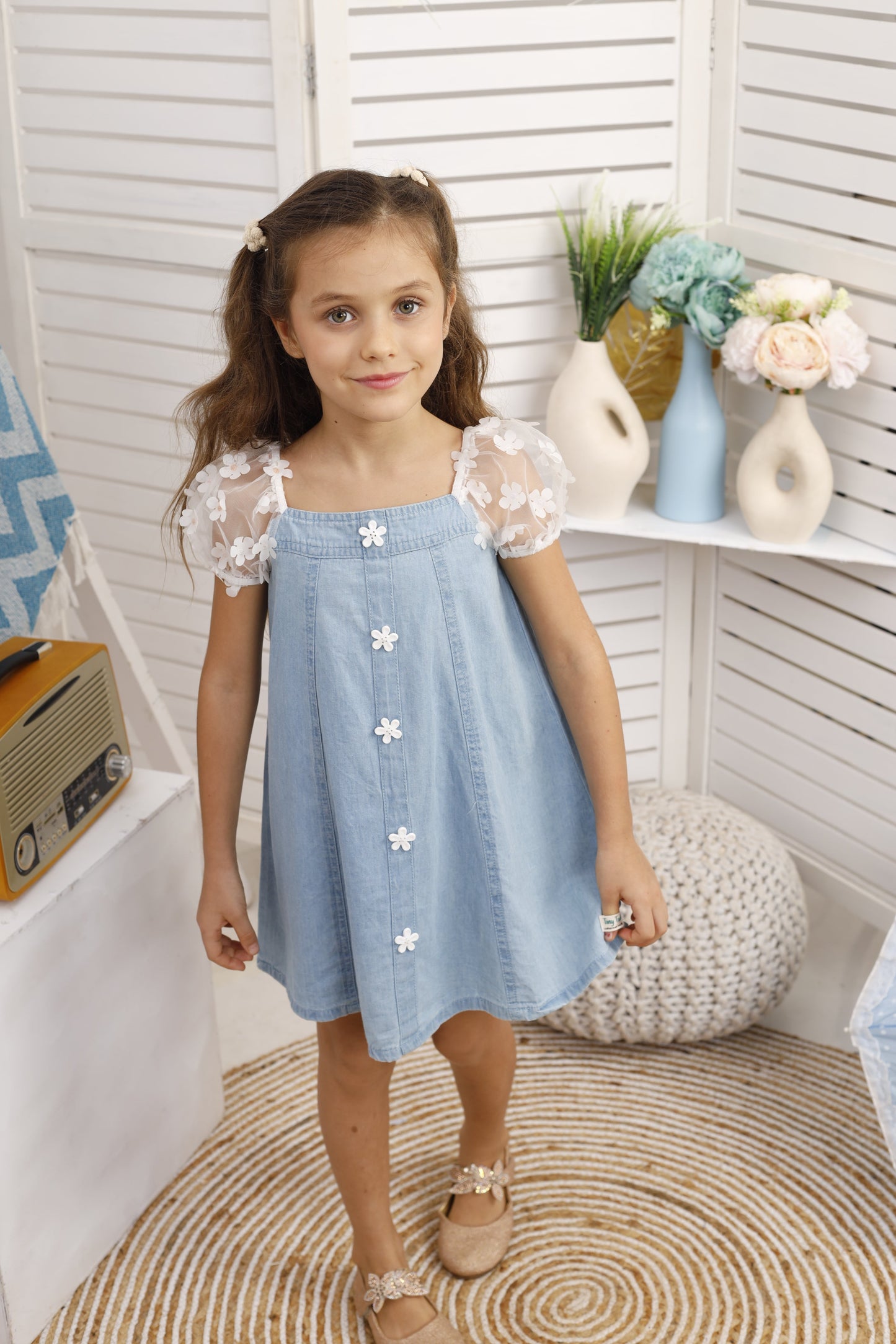 Floral Applique A-Line Dress-Blue