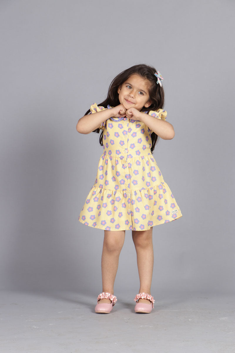 YELLOW FLOWER PRINT BUTTONED DOWN DRESS