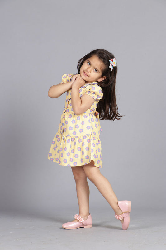 YELLOW FLOWER PRINT BUTTONED DOWN DRESS