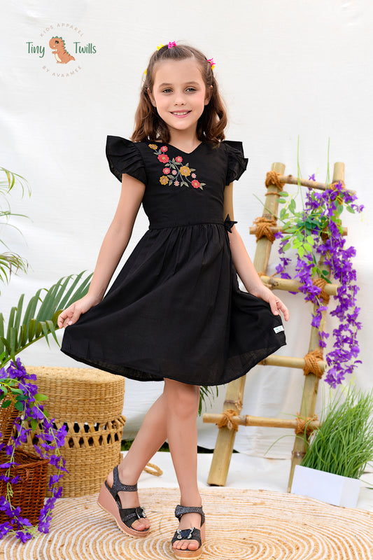 Tiny Twills Linen Short Sleeves Flower Embroidered Fit & Flared Black Girls Frock