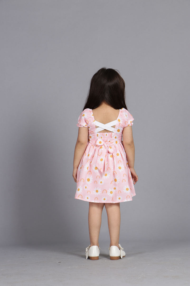 PINK DAISY PRINT FIT & FLARED DRESS