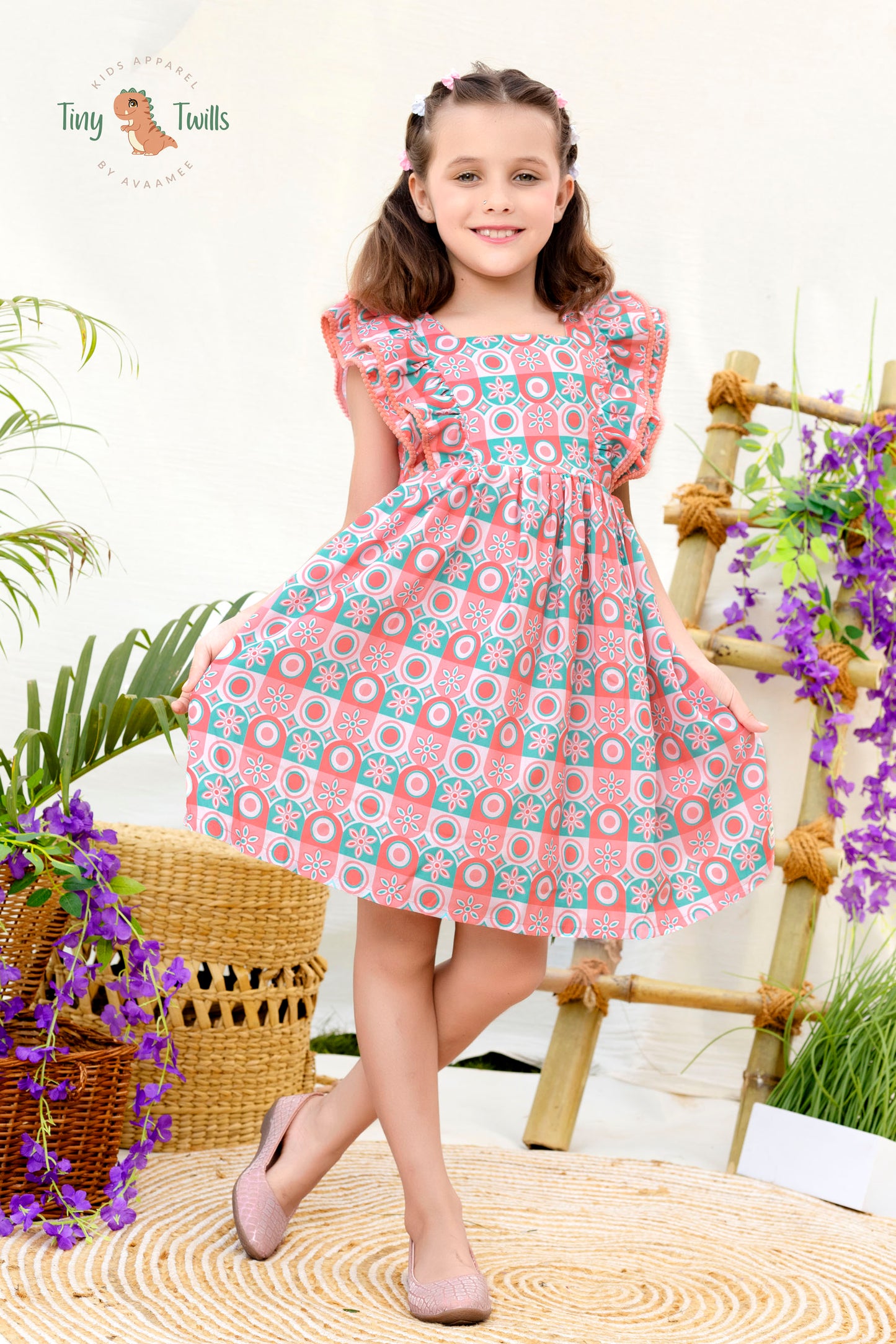 Geometric Printed Frock With Double Frill Frock- Baby Pink & Peach