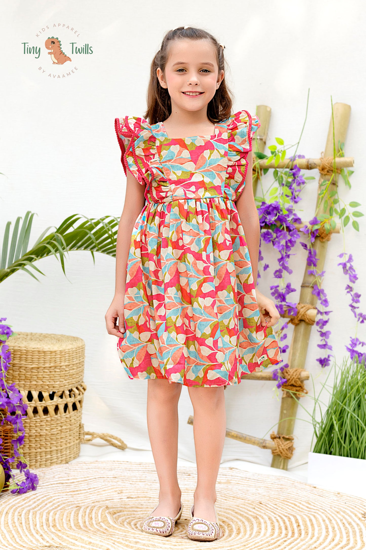 Geometric Printed Frock With Double Frill Frock- Coral & Bright Pink