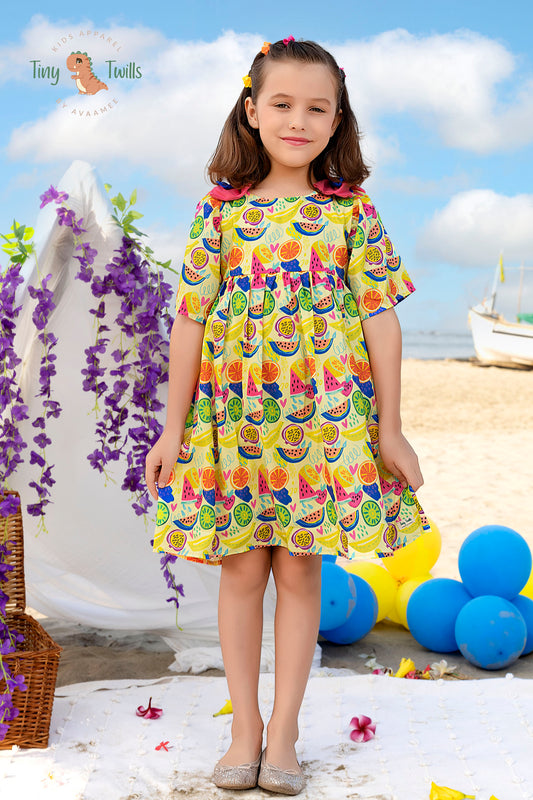 Fruit Printed Frock With Double Bows On Shoulder - Lime Yellow & Pink