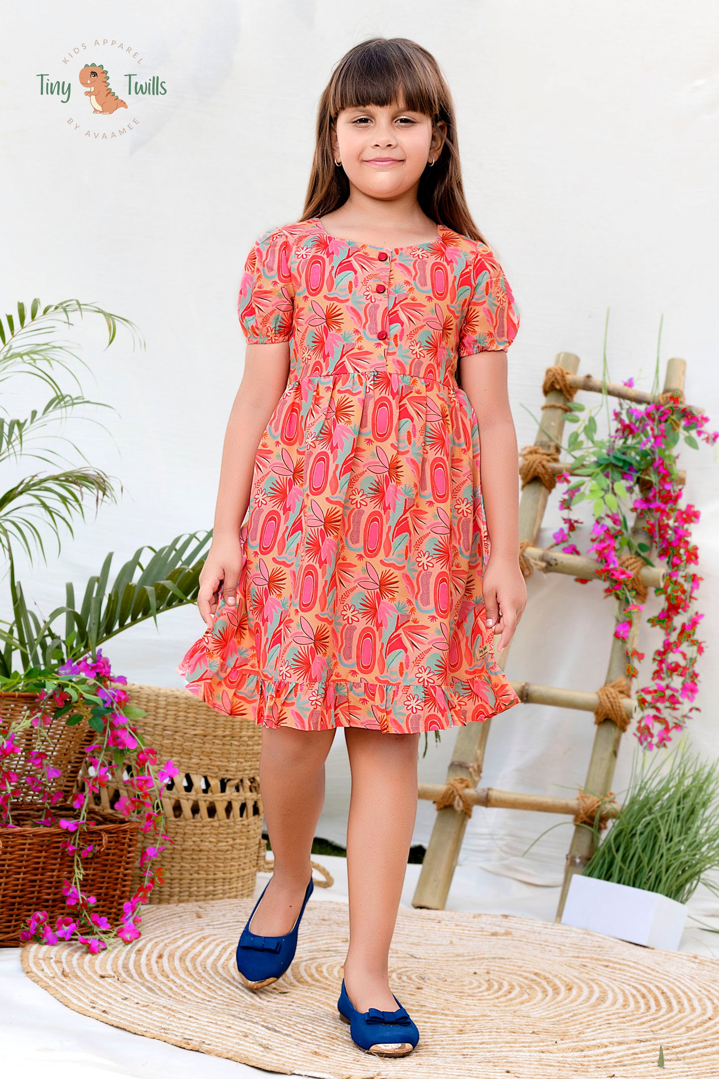 Floral Printed Frock -Raspberry & Banana Yellow