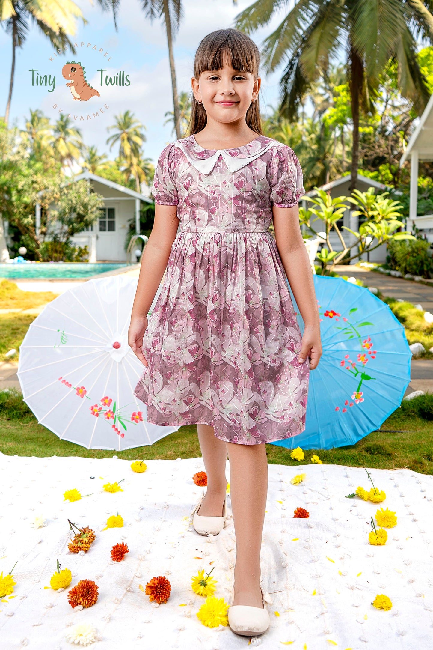 Flower Printed Fit & Flared Frock With Organza Collar On Chain Stitch Fabric - Blue & Blush Pink