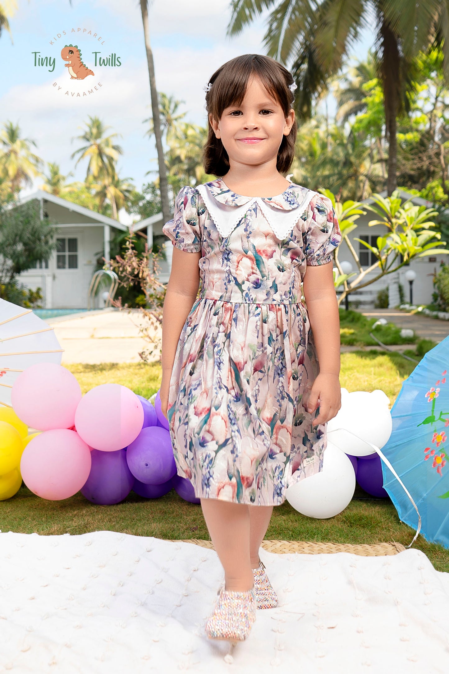 Flower Printed Fit & Flared Frock With Organza Collar On Chain Stitch Fabric - Blue & Blush Pink