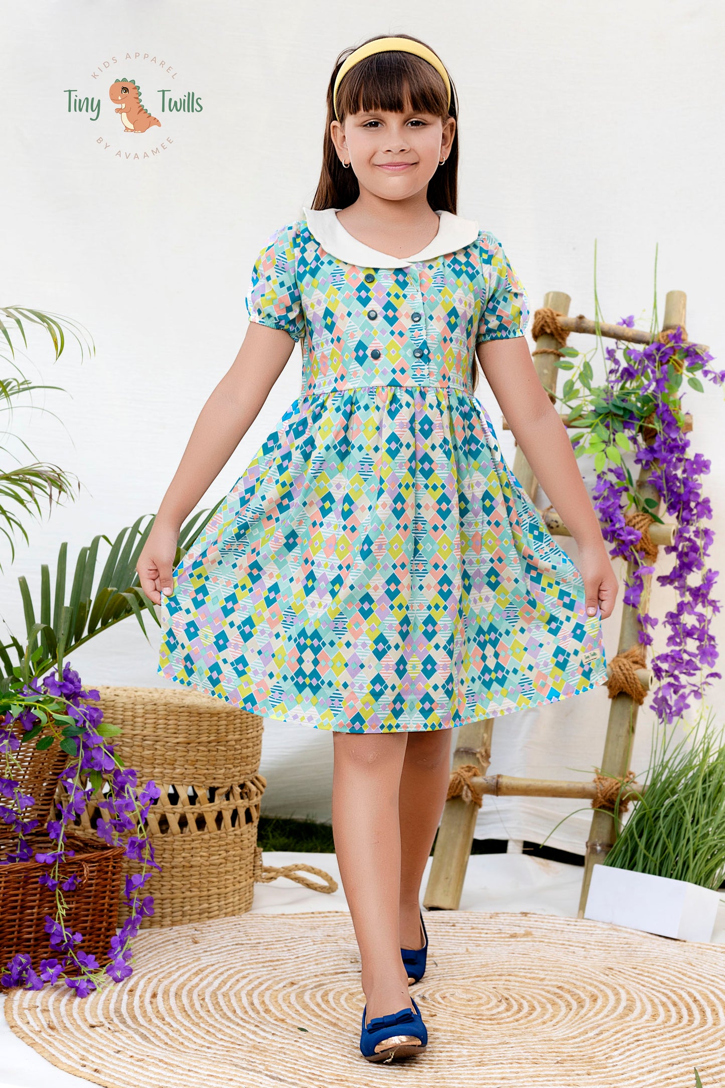 Geometric Printed Frock With Solid Collar  - Navy Blue & Teal Blue