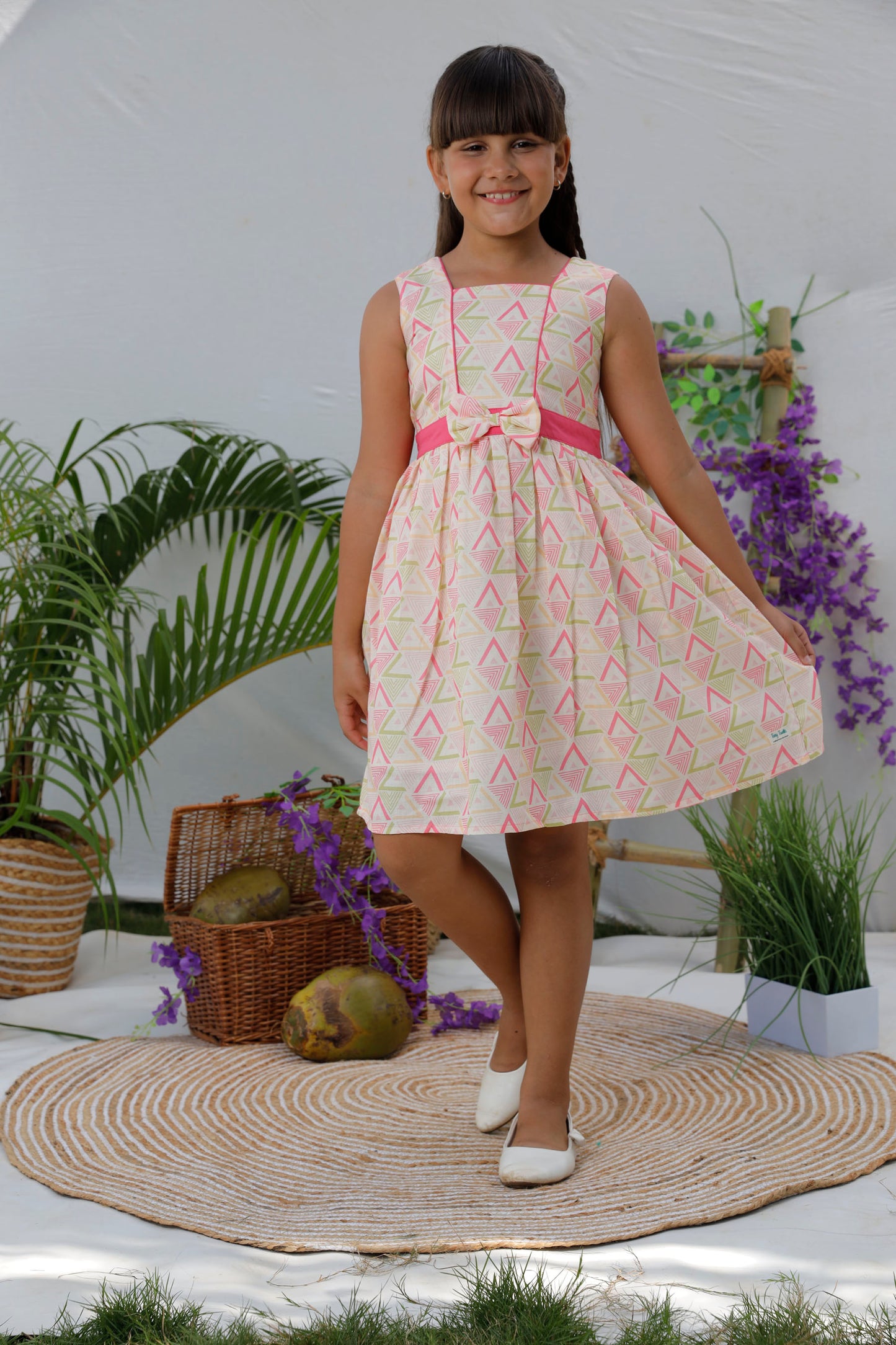 Geometric Printed Frock With Solid Piping & Belt  - Pink & Pastel Peach