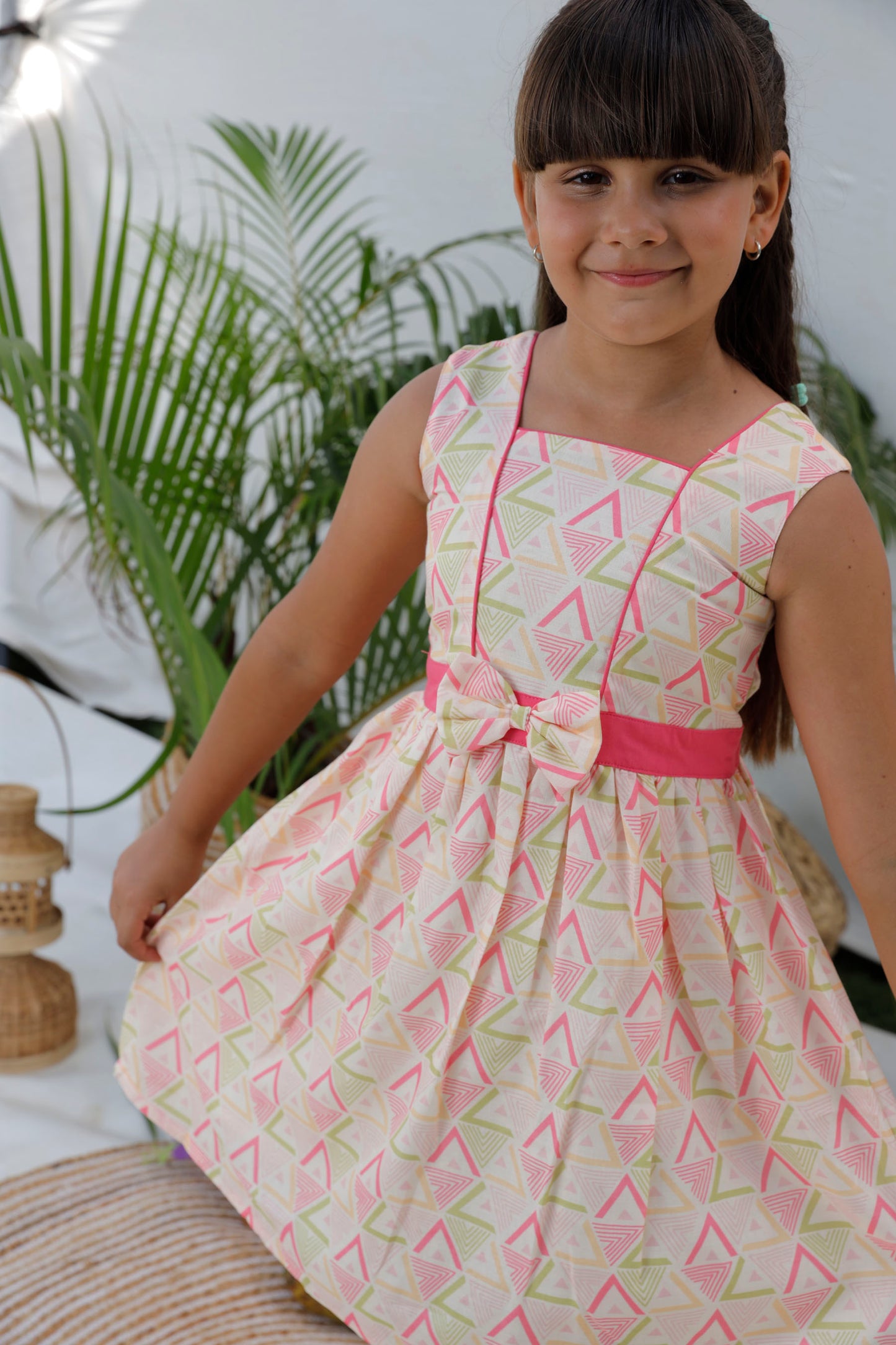 Geometric Printed Frock With Solid Piping & Belt  - Pink & Pastel Peach