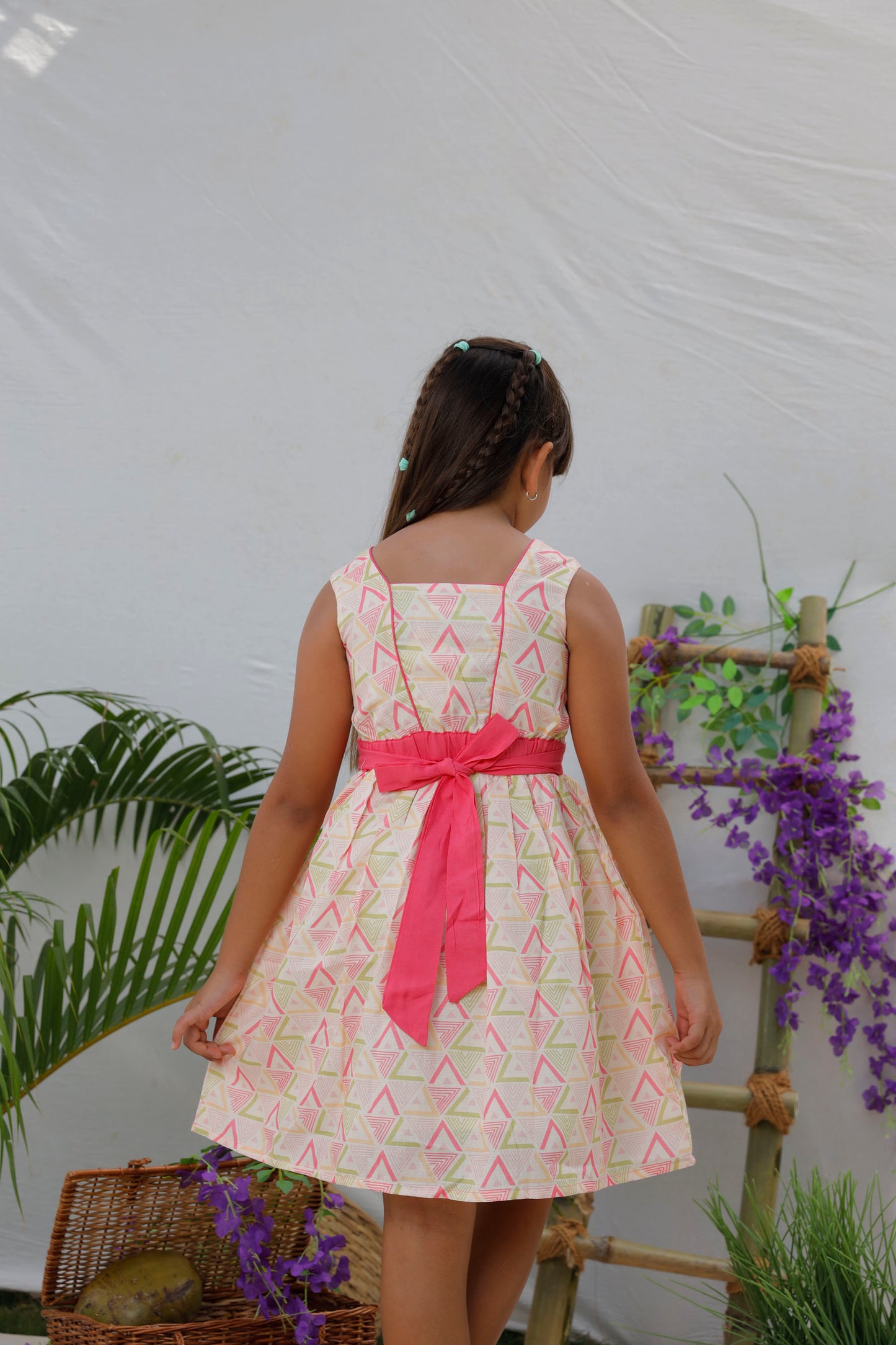 Geometric Printed Frock With Solid Piping & Belt  - Pink & Pastel Peach