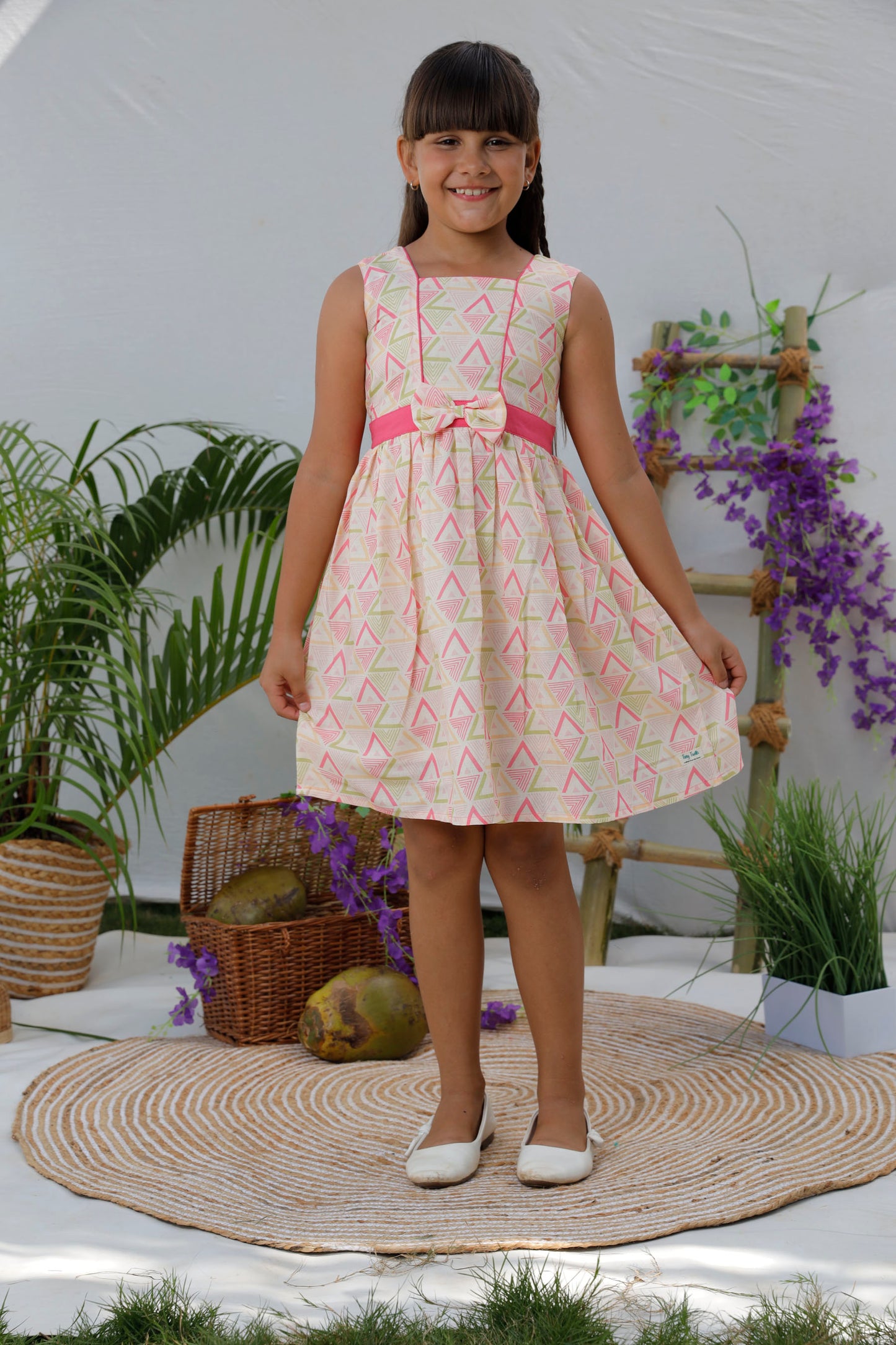 Geometric Printed Frock With Solid Piping & Belt  - Pink & Pastel Peach