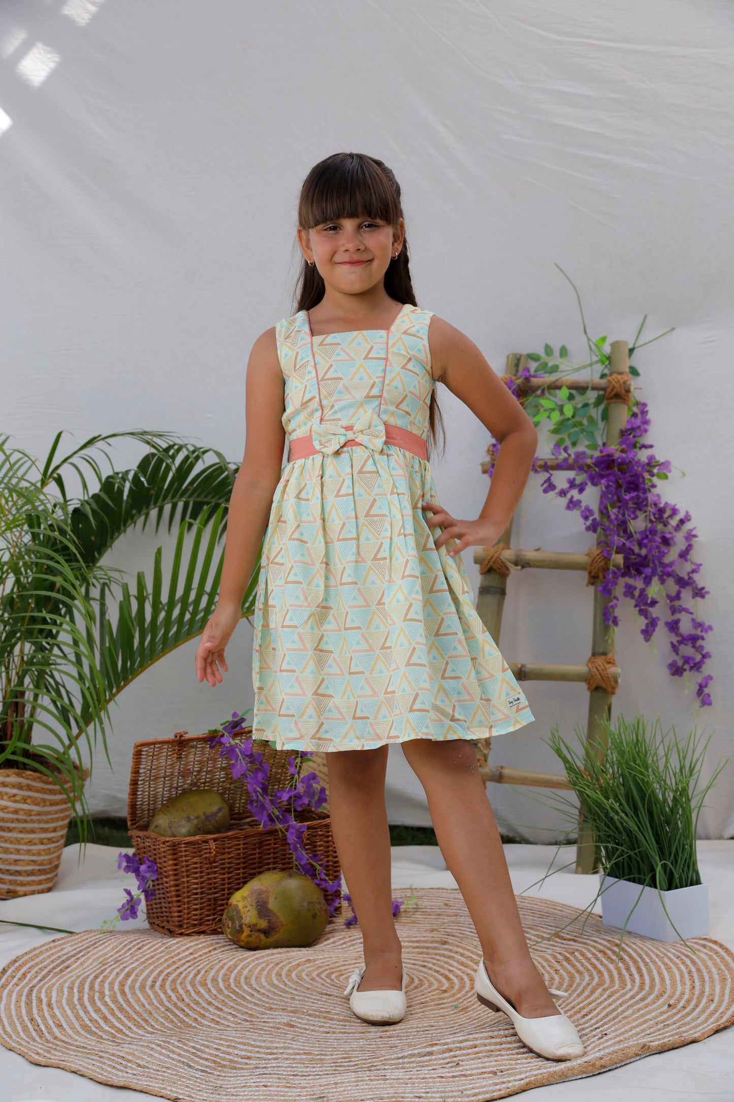 Geometric Printed Frock With Solid Piping & Belt  - Pink & Pastel Peach