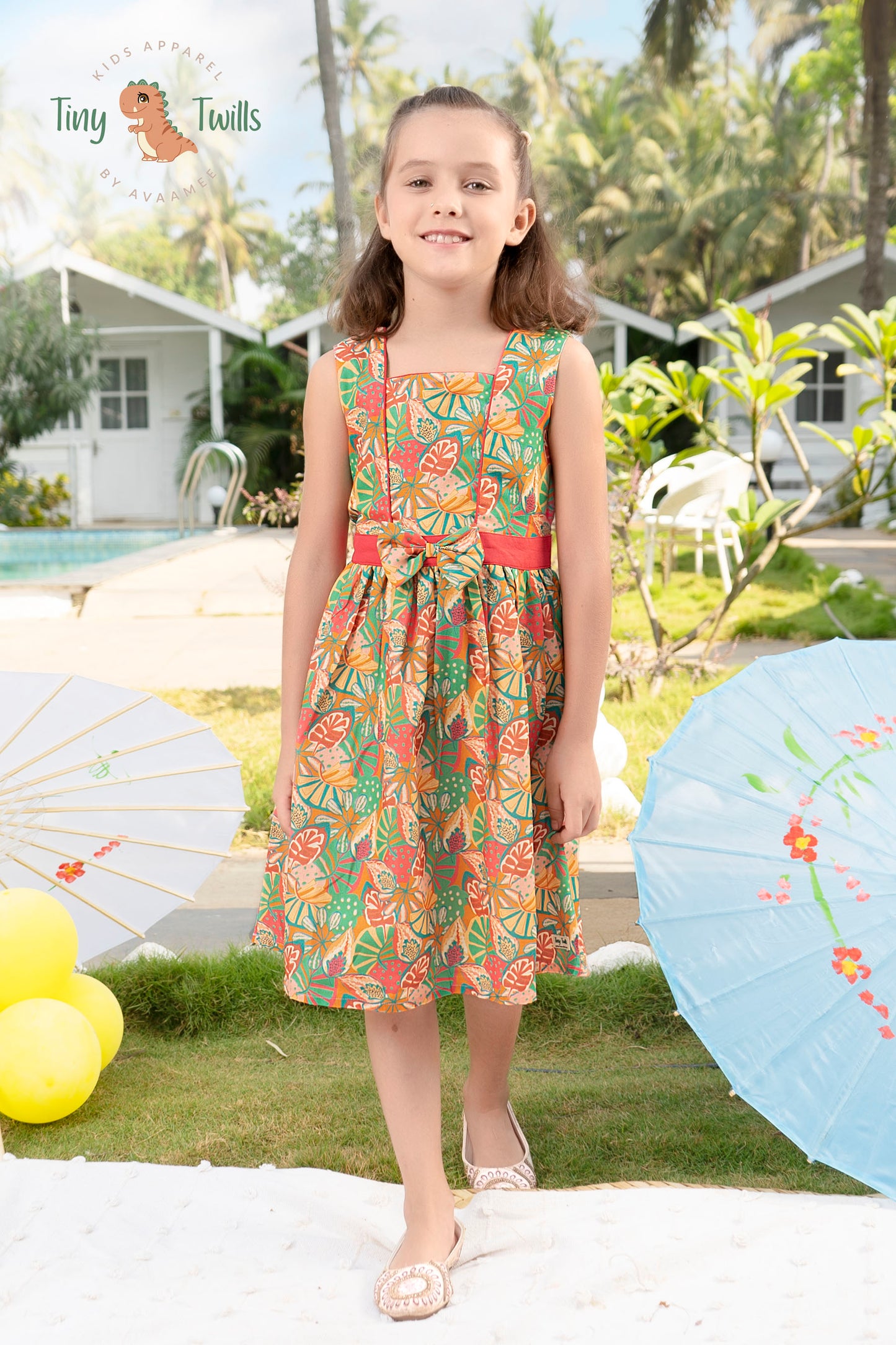 Leaf Printed Frock With Solid Belt And Bow On Waist  - Grass Green & Tropical Blue