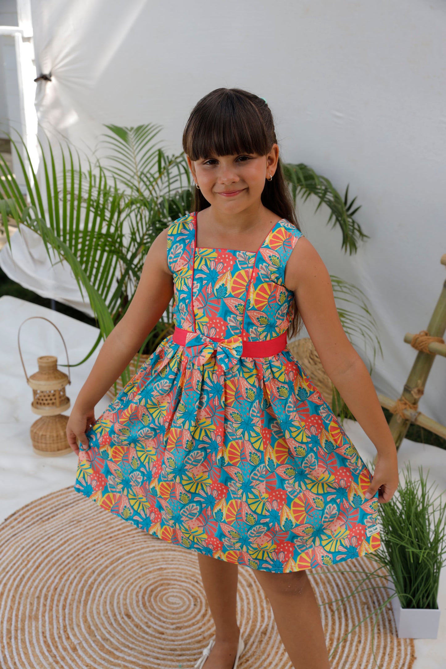 Leaf Printed Frock With Solid Belt And Bow On Waist  - Grass Green & Tropical Blue