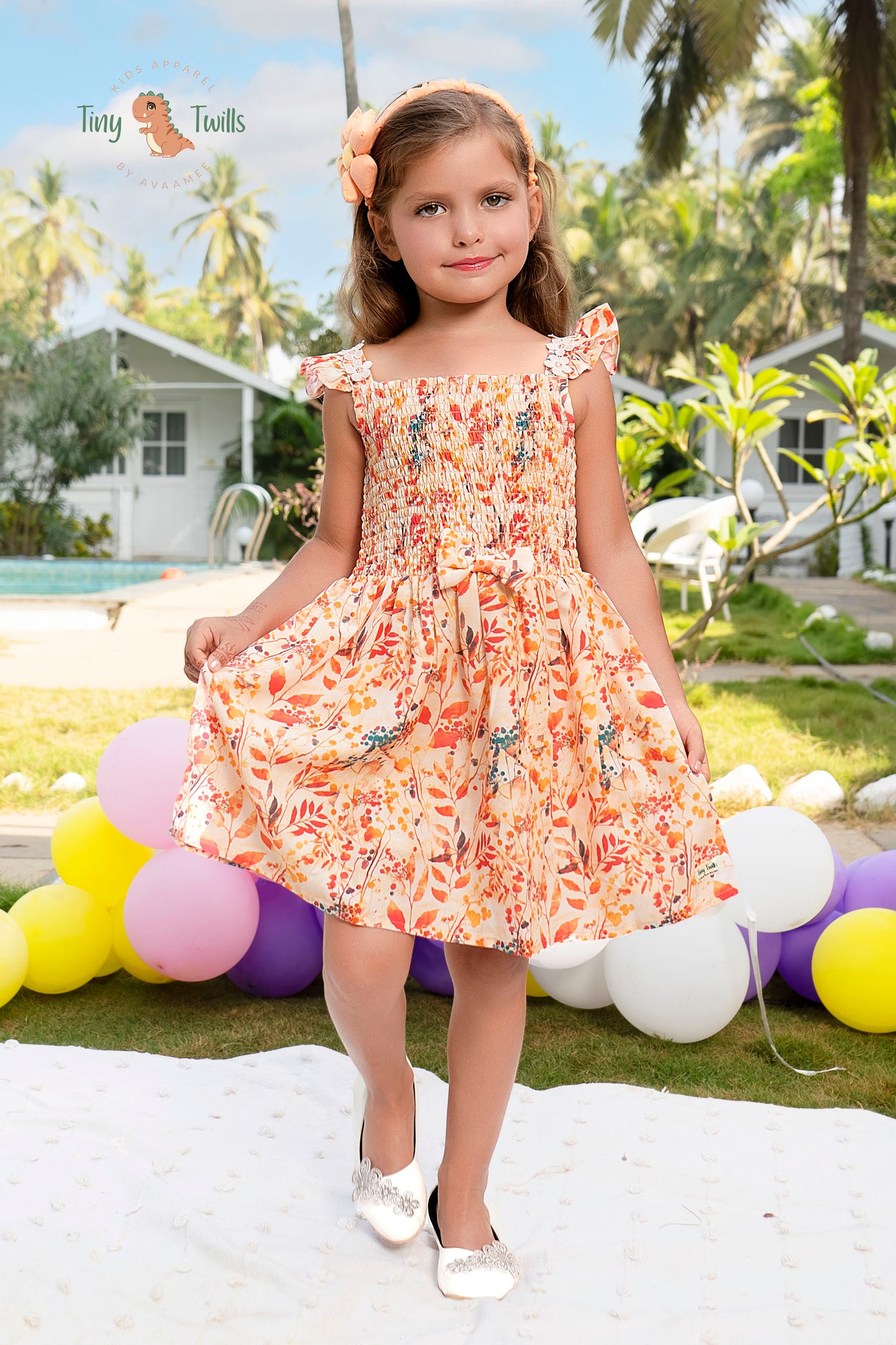 Floral Printed Smocked Frock- Cream & Baby Pink