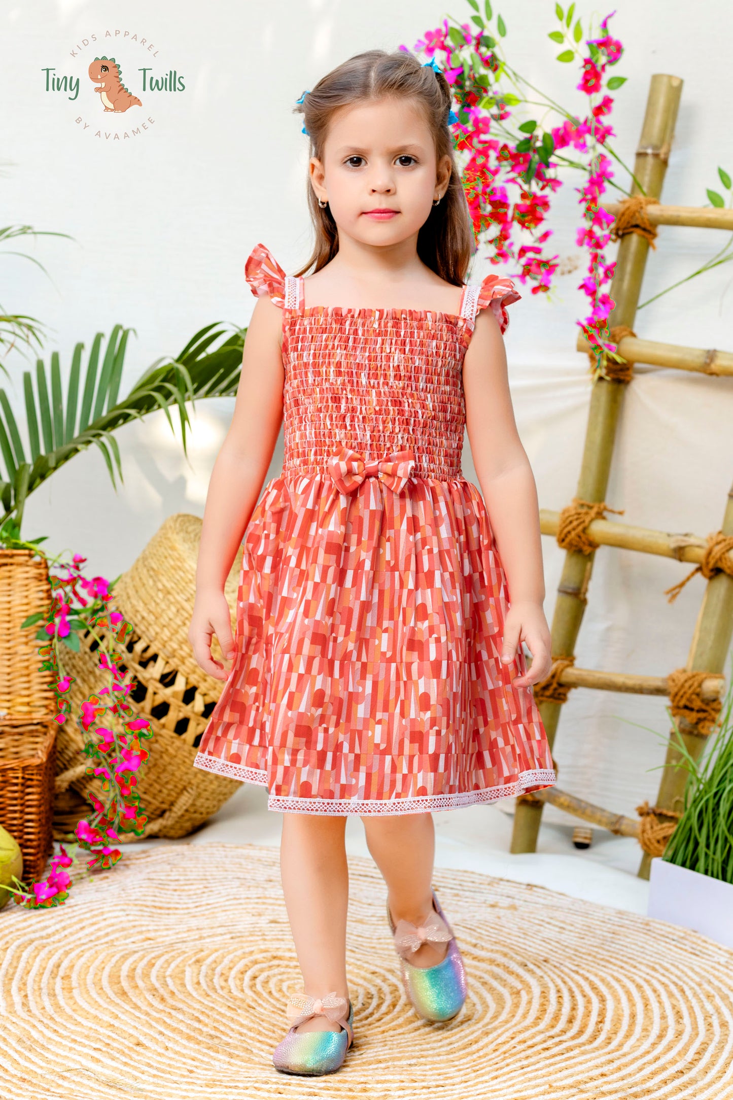 Geometric Printed Smocked Frock - Apple Red & Lavender