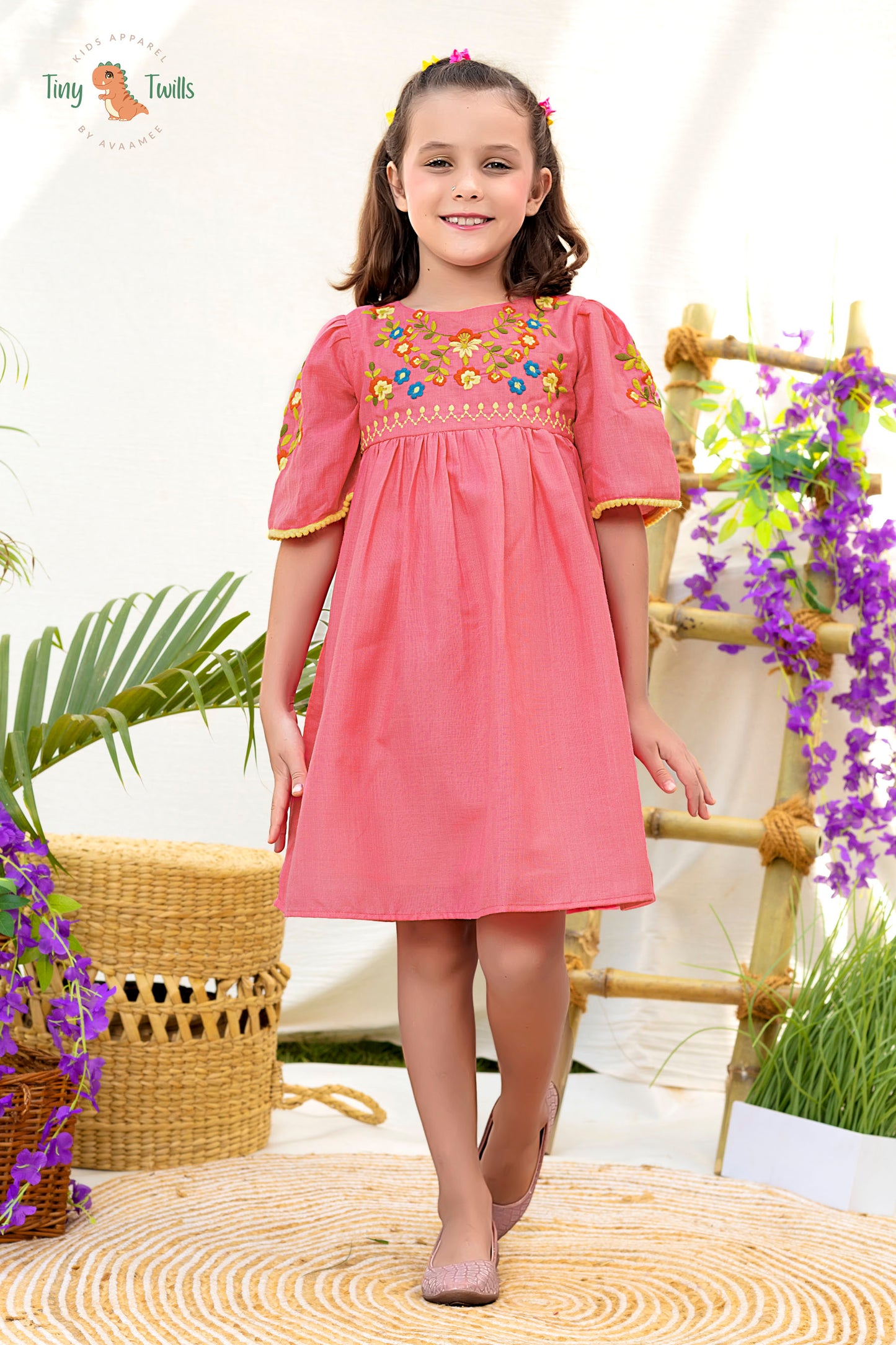 Neon Green Embroidered Frock With Flared Sleeves - Neon Green & Pink