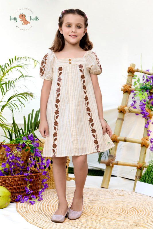 Striped A LineFrock With Embroidered Puffed Sleeve  - Chocolate Brown & Sky Blue