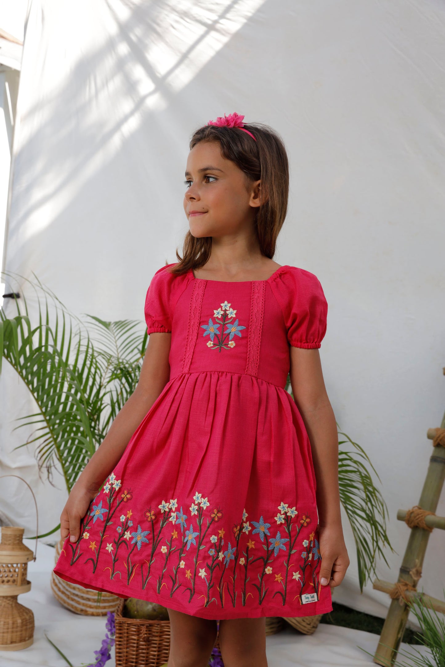 Flare Embroidered Frock With Raglan Sleeves  - Carrot Red , Fuchsia Pink & White