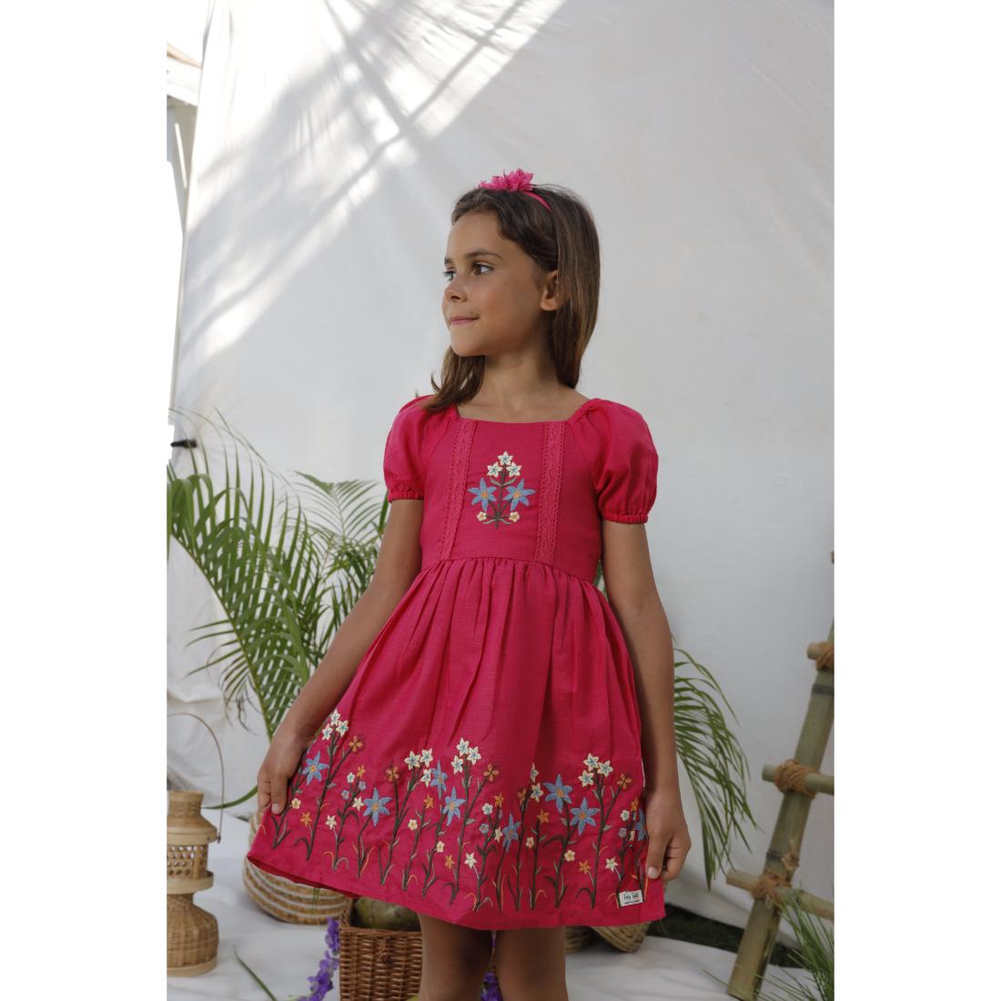 TINY TWILLS  FLARE EMBROIDERED DRESS WITH RAGLAN SLEEVES