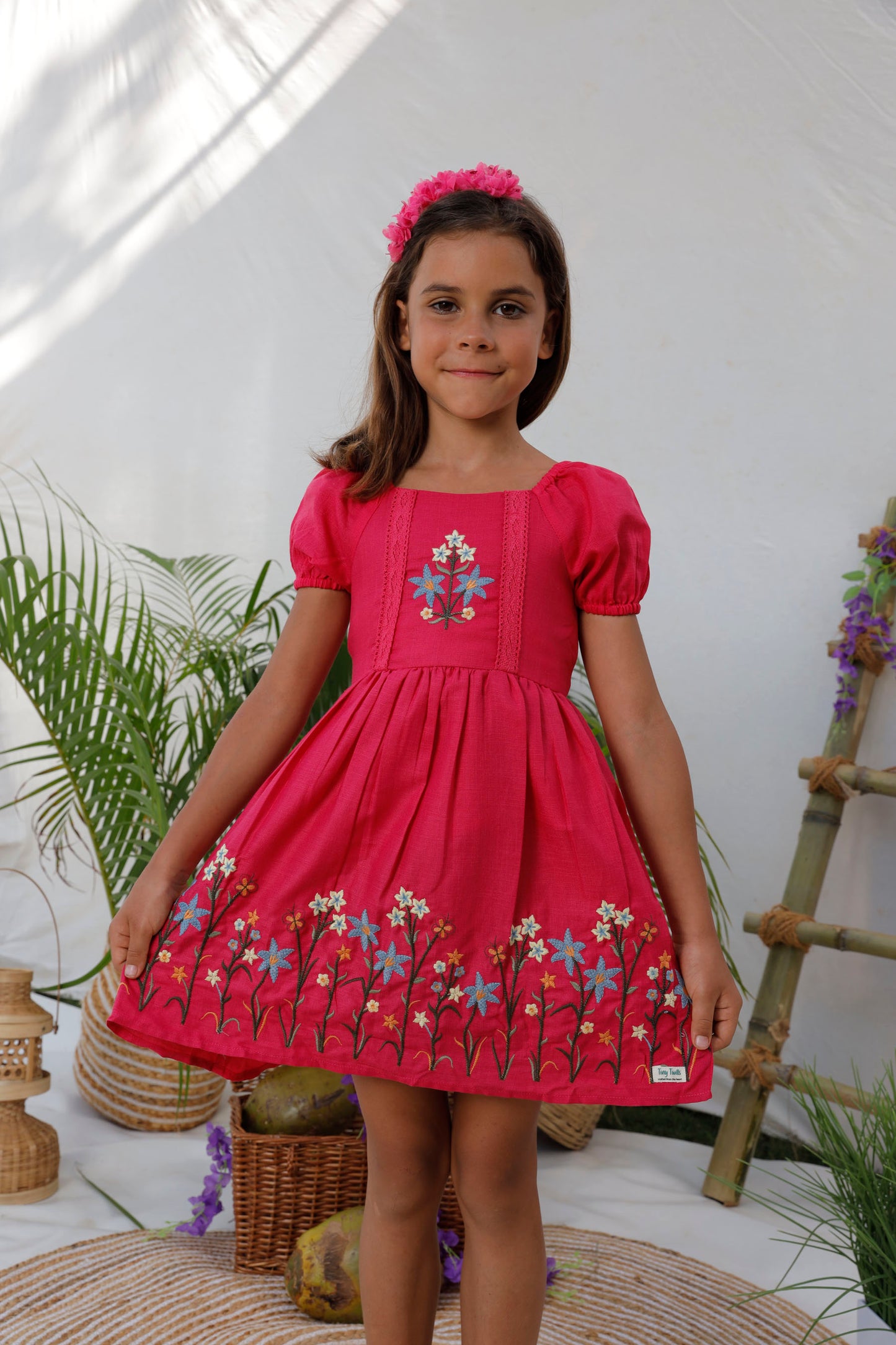 Flare Embroidered Frock With Raglan Sleeves  - Carrot Red , Fuchsia Pink & White