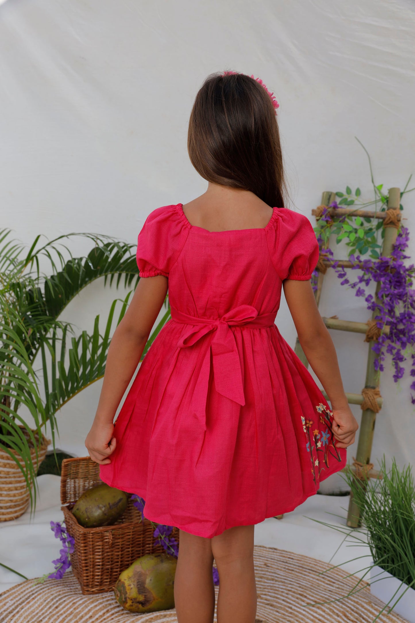 Flare Embroidered Frock With Raglan Sleeves  - Carrot Red , Fuchsia Pink & White