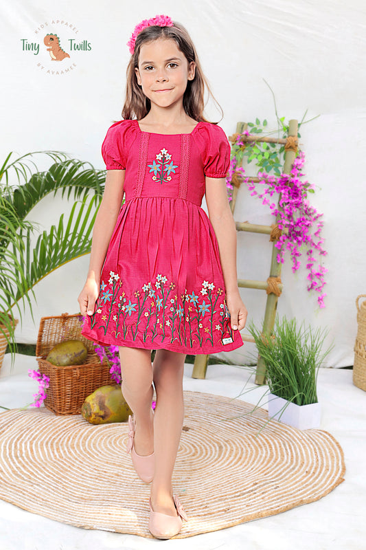 Flare Embroidered Frock With Raglan Sleeves  - Carrot Red , Fuchsia Pink & White