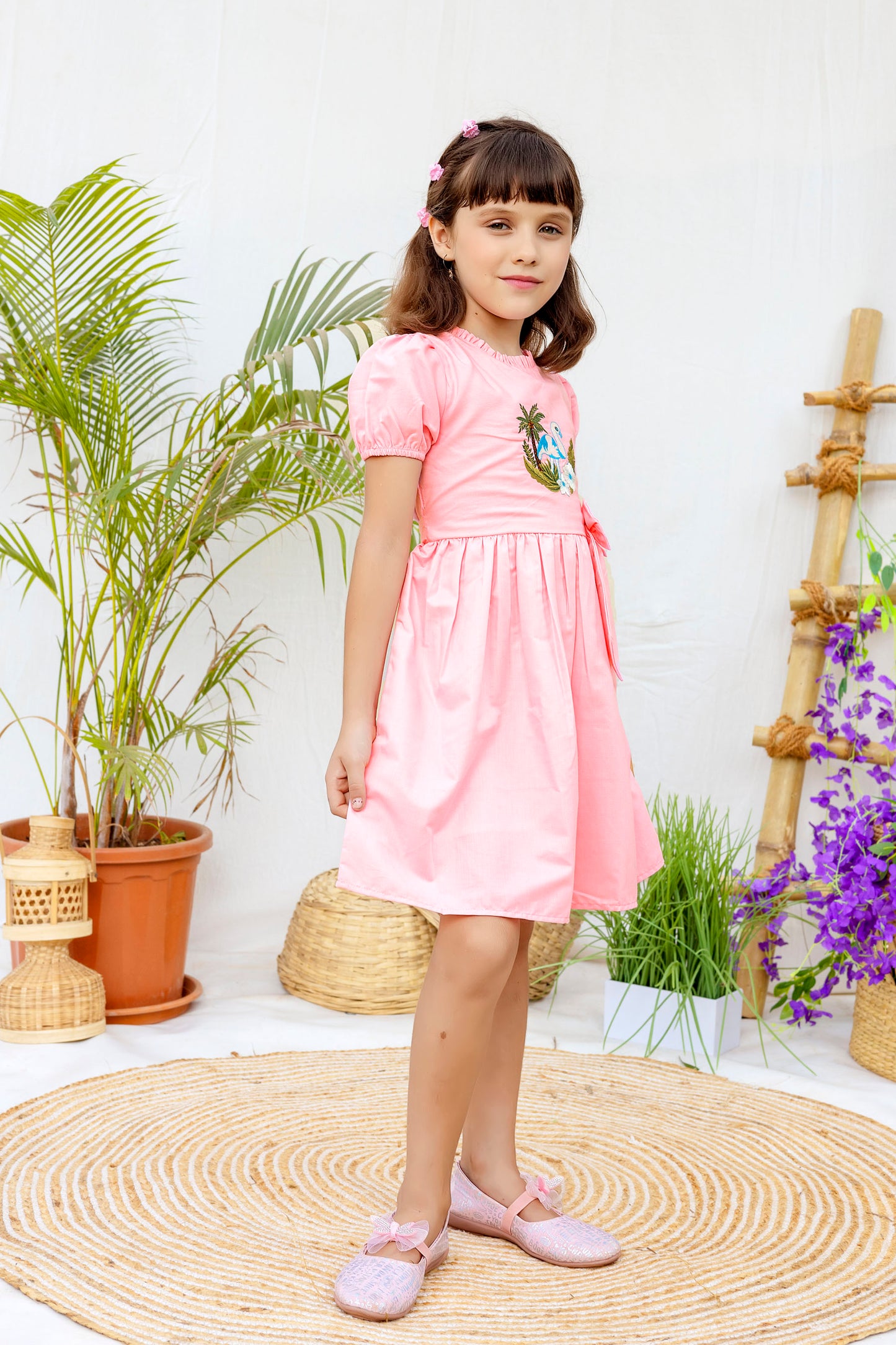 Tiny Twills Flamingo Embroidered girls Frock