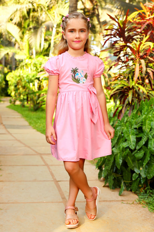 Tiny Twills Flamingo Embroidered girls Frock