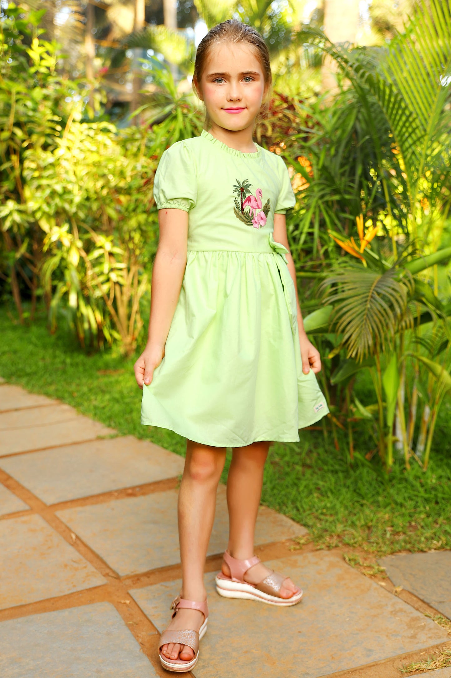 Tiny Twills Flamingo Embroidered girls Frock